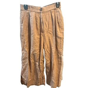 Tan Linen Blend Pleated Cropped Wide Leg Pants Casual Womens‎